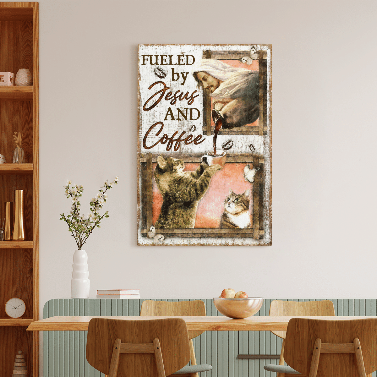 Fueled By Jesus And Coffee, Cat, Jesus, God Canvas, Christian Wall Art