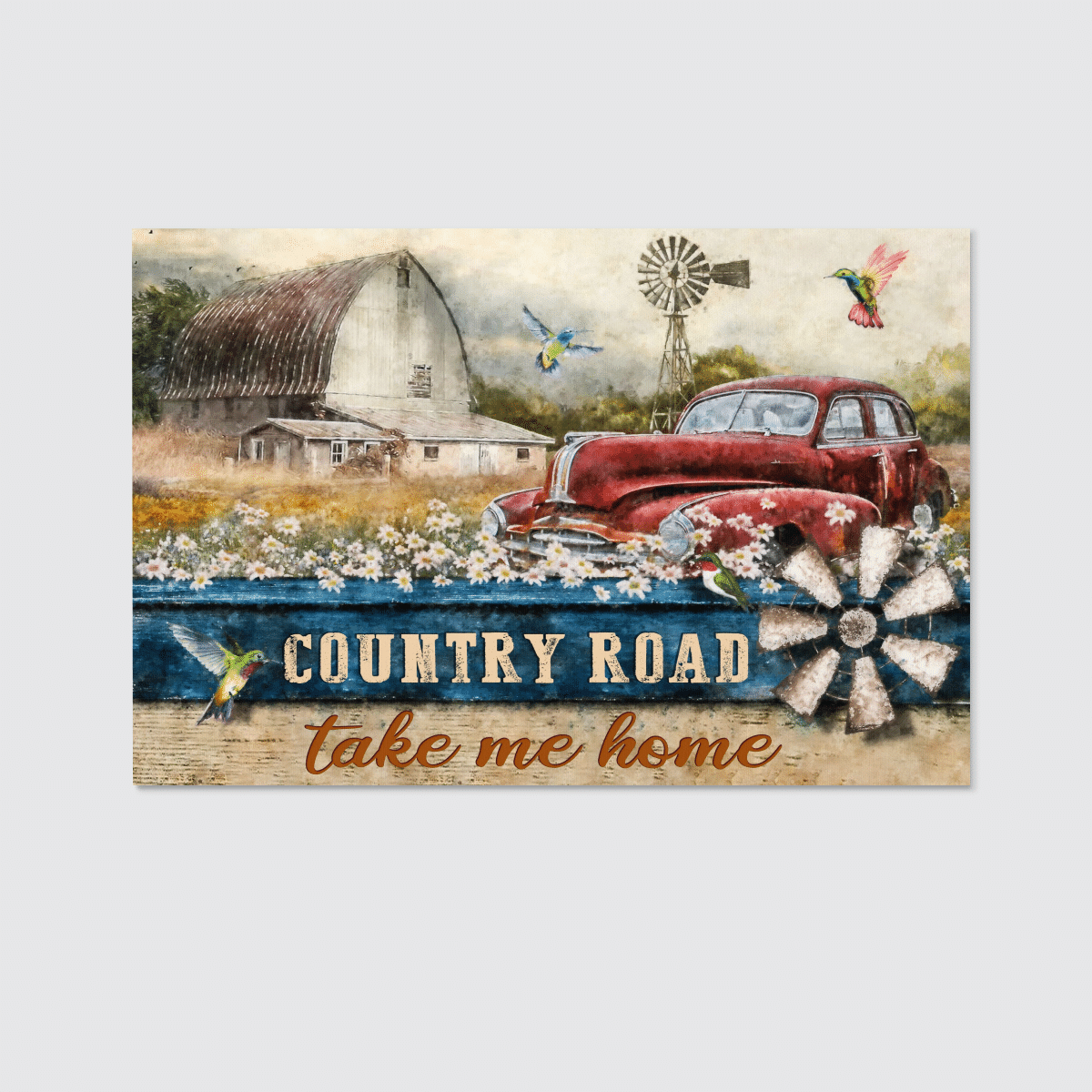 Country Road Take Me Home, Old Car, Countryside, Hummingbird, Flower, God Canvas, Christian Wall Art