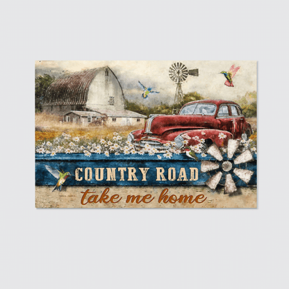 Country Road Take Me Home, Old Car, Countryside, Hummingbird, Flower, God Canvas, Christian Wall Art
