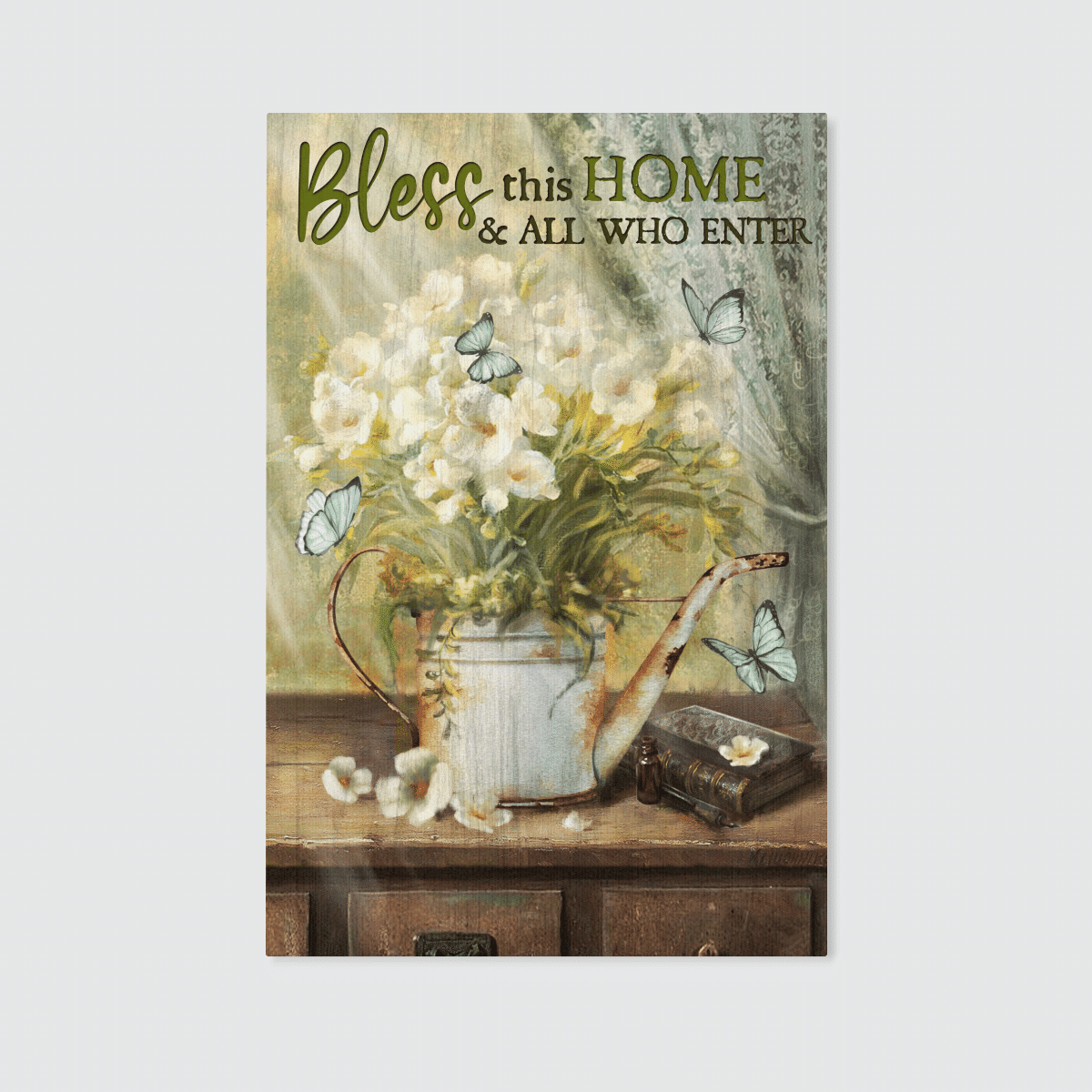 Bless This Home And All Who Enter, Flower, Butterfly, God Canvas, Christian Wall Art