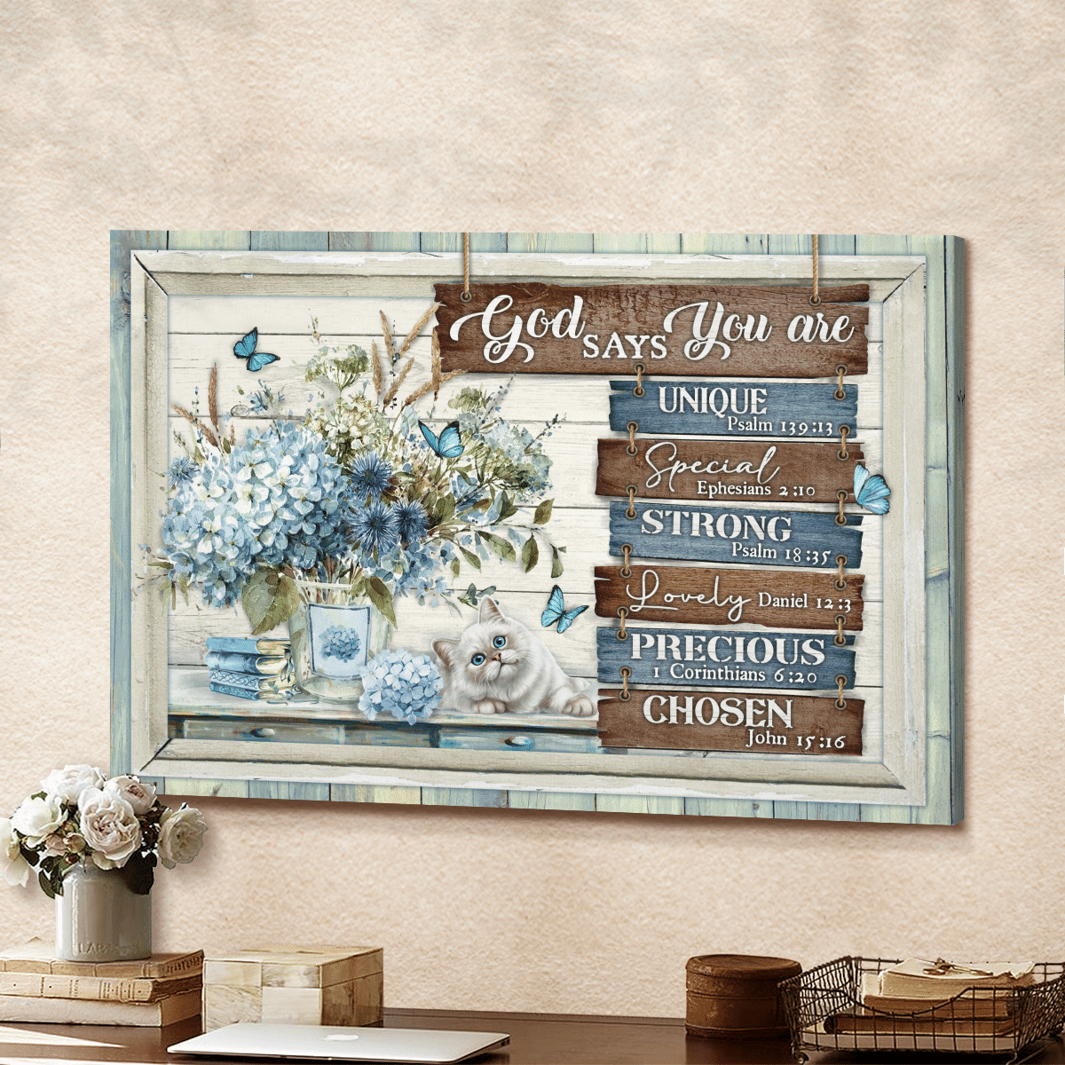 God Says You Are Unique Special Strong Lovely Precious Chosen, Cat, Flower, Butterfly, God Canvas, Christian Wall Art
