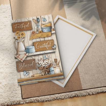 Faithful Grateful Blessed, Flower, Butterfly, God Canvas, Christian Wall Art