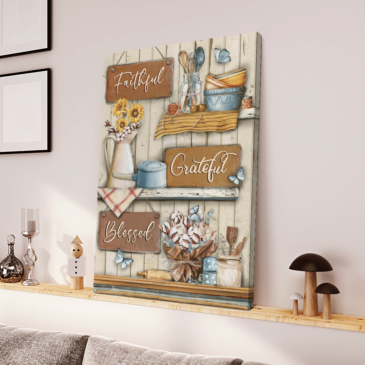 Faithful Grateful Blessed, Flower, Butterfly, God Canvas, Christian Wall Art