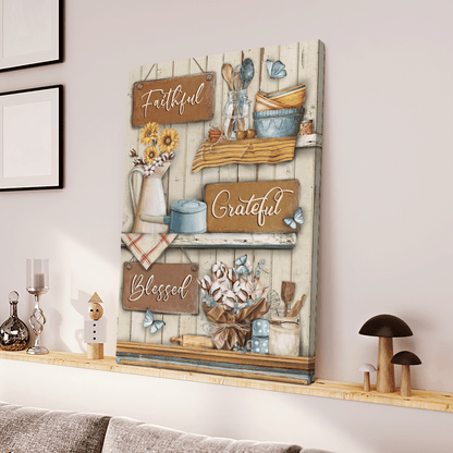 Faithful Grateful Blessed, Flower, Butterfly, God Canvas, Christian Wall Art