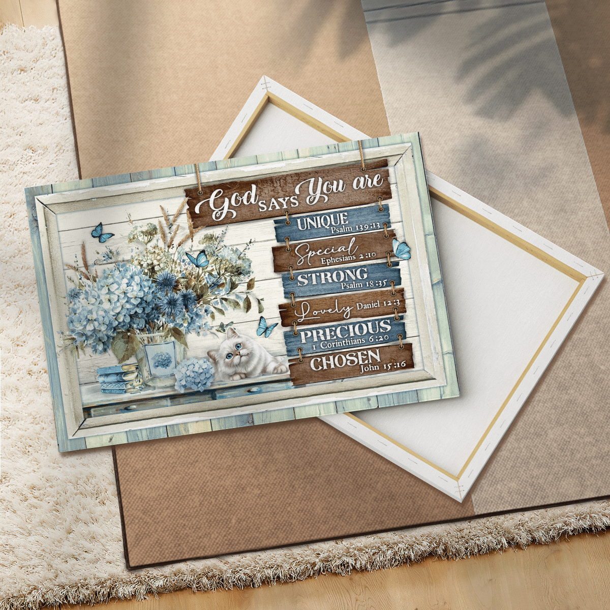 God Says You Are Unique Special Strong Lovely Precious Chosen, Cat, Flower, Butterfly, God Canvas, Christian Wall Art