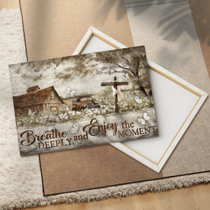 Breathe Deeply And Enjoy The Moment, Contryside, Old Car, Cross, Butterfly, God Canvas, Christian Wall Art