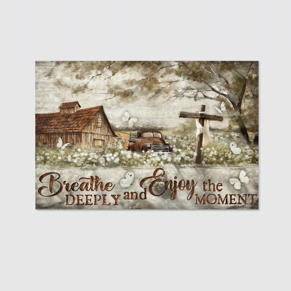 Breathe Deeply And Enjoy The Moment, Contryside, Old Car, Cross, Butterfly, God Canvas, Christian Wall Art
