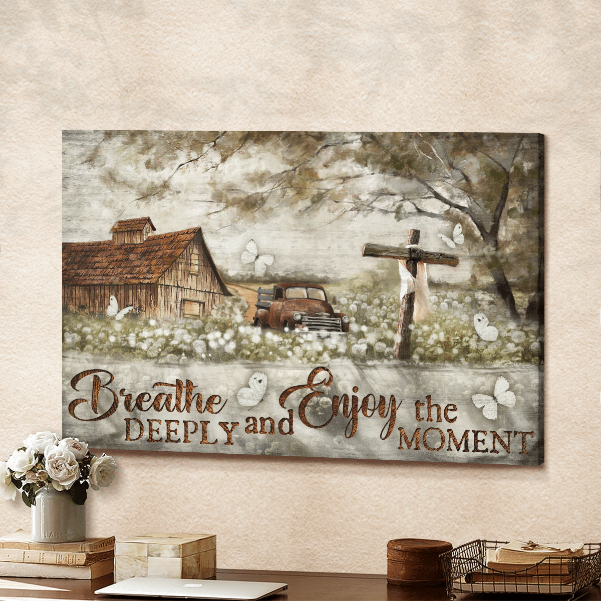 Breathe Deeply And Enjoy The Moment, Contryside, Old Car, Cross, Butterfly, God Canvas, Christian Wall Art