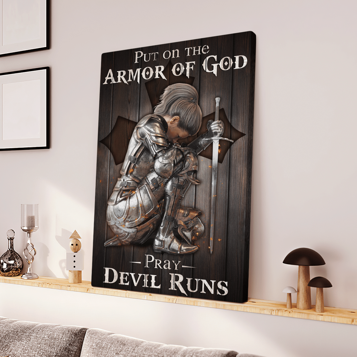 Put On The Armor Of God Pray Devil Runs, Warrior, God Canvas, Christian Wall Art