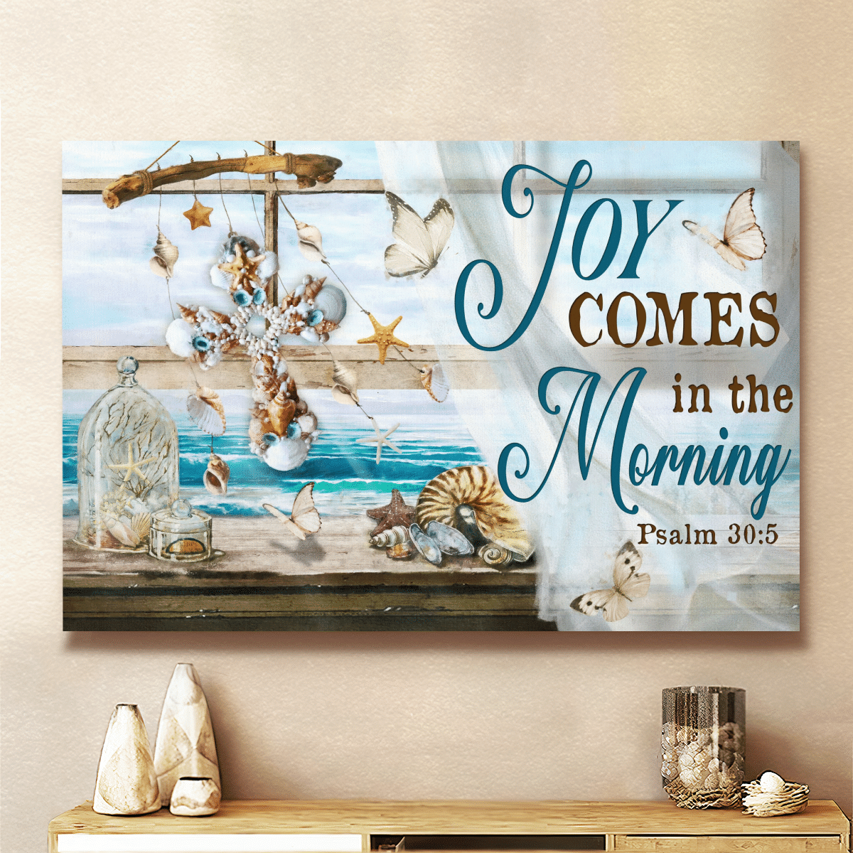 Joy Comes In The Morning, Beach, Seashell Cross, Butterfly, God Canvas, Christian Wall Art