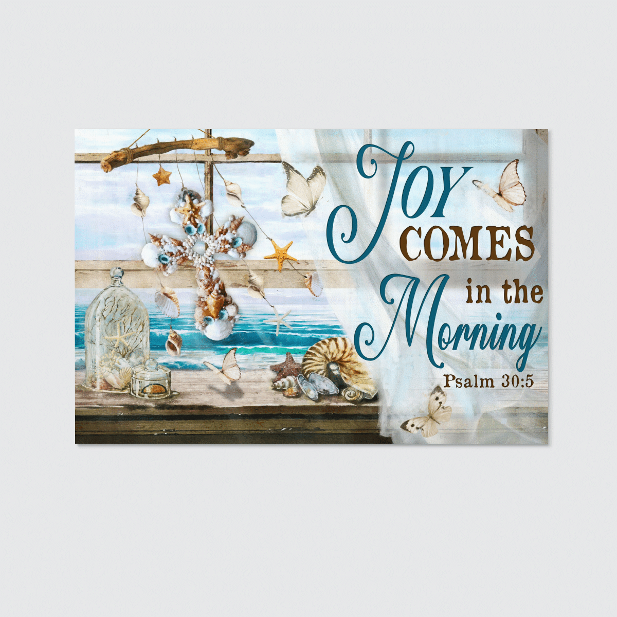 Joy Comes In The Morning, Beach, Seashell Cross, Butterfly, God Canvas, Christian Wall Art