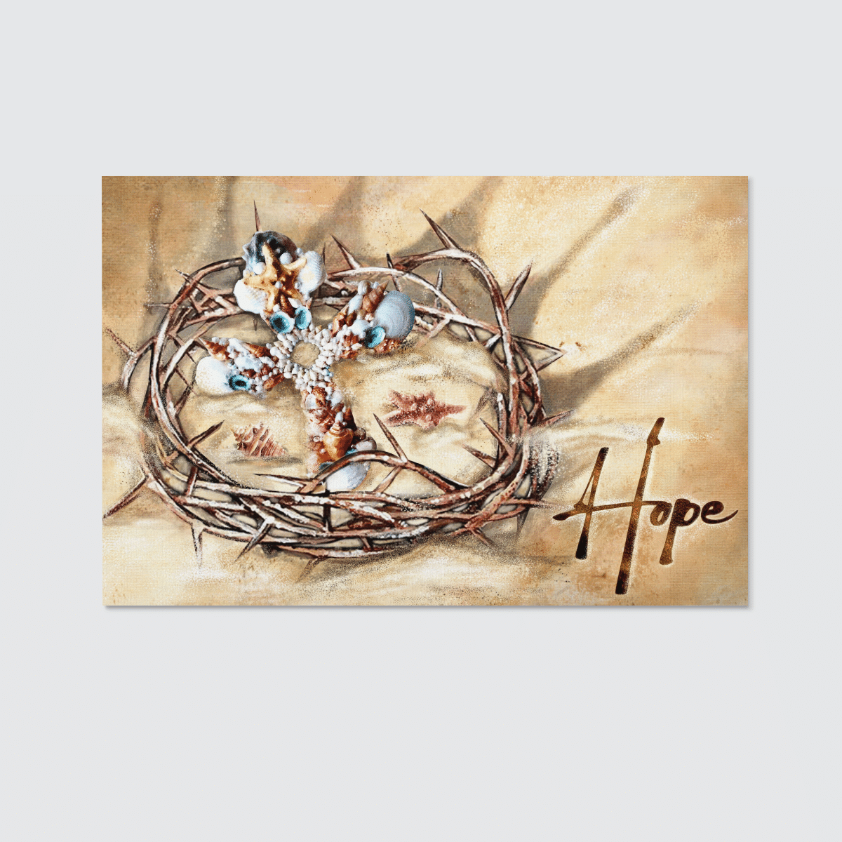 Hope, Seashell Cross, Crown Of Thorns, Sand, God Canvas, Christian Wall Art, Home Decor