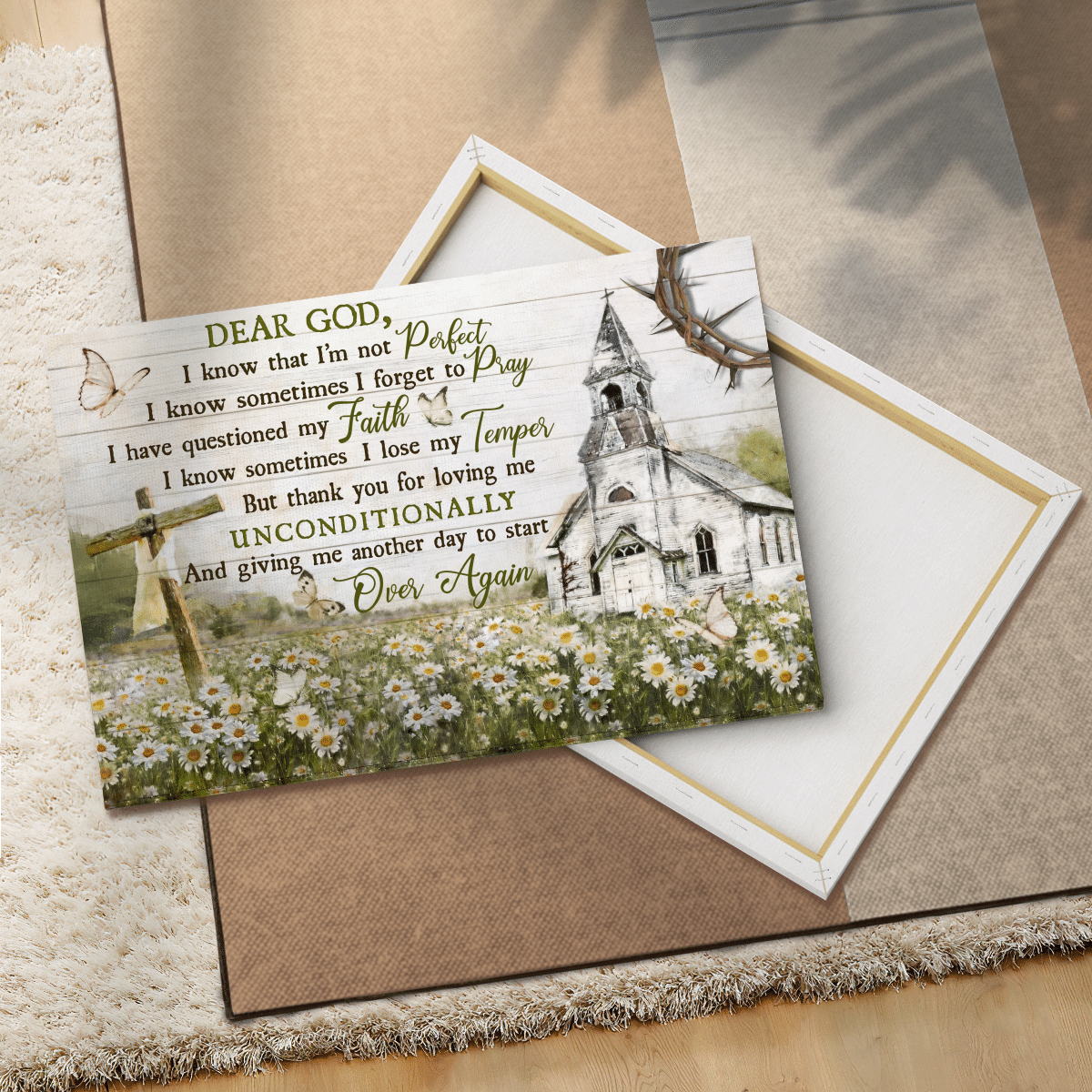 Dear God, I Know That I'M Not Perfect, I Know Sometimes I Forget To Pray, I Have Questioned My Faith, White Church, Daisy Flower, Cross, God Canvas, Christian Wall Art