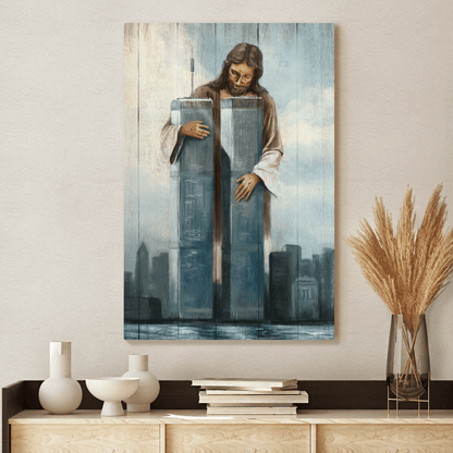 Jesus, Holding The World Trade Center Building, September 11 Memorial, God Canvas, Christian Wall Art