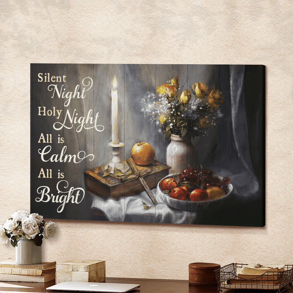 Silent Night Holy Night All Is Calm All Is Bright, Candle, Cross, Fruit, Flower, God Canvas, Christian Wall Art