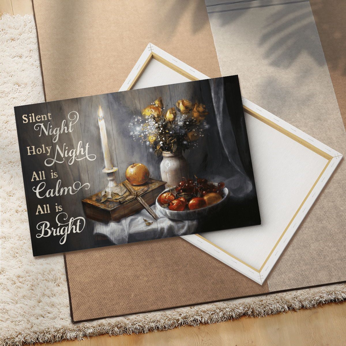 Silent Night Holy Night All Is Calm All Is Bright, Candle, Cross, Fruit, Flower, God Canvas, Christian Wall Art