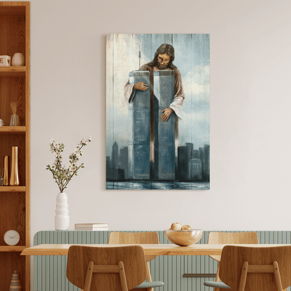 Jesus, Holding The World Trade Center Building, September 11 Memorial, God Canvas, Christian Wall Art