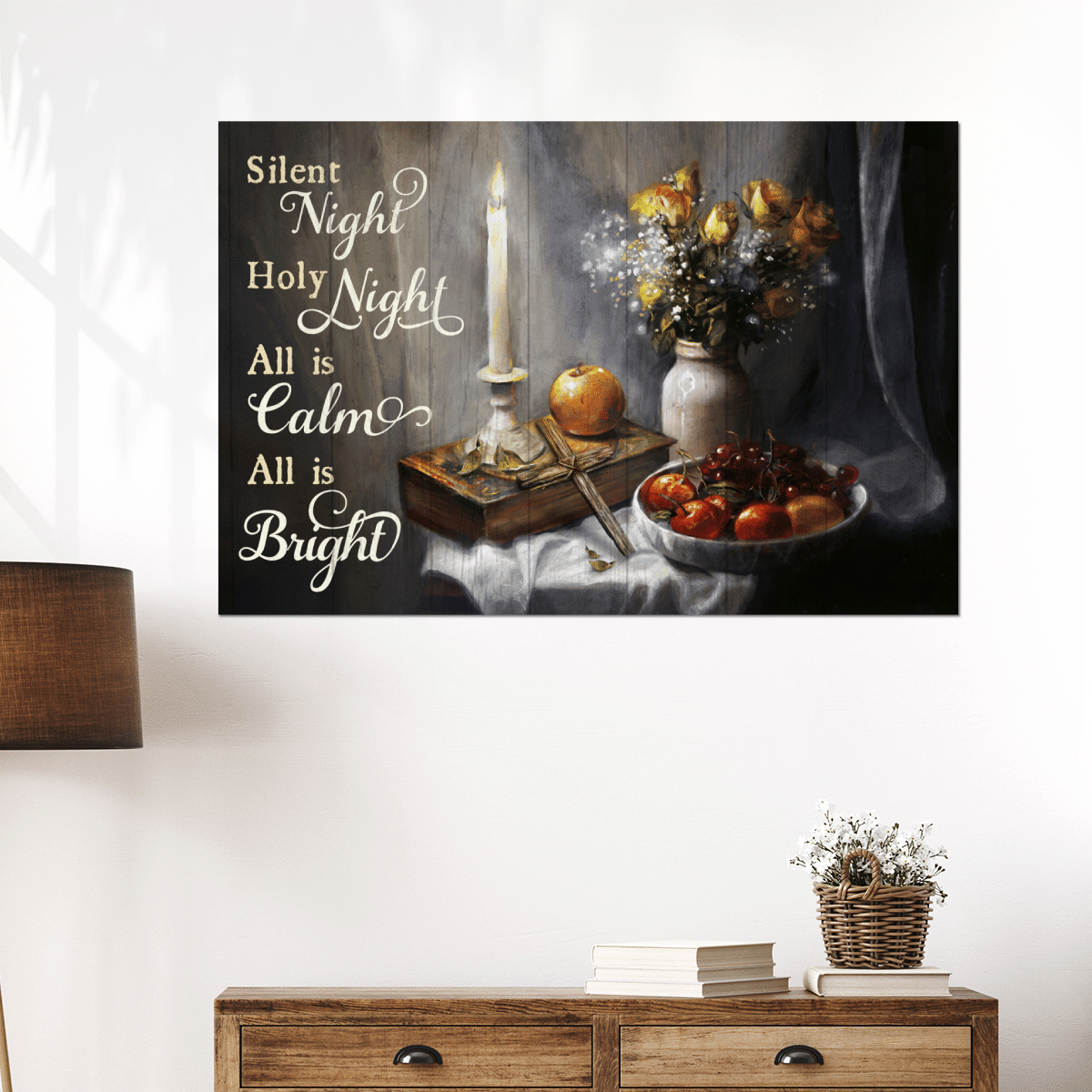 Silent Night Holy Night All Is Calm All Is Bright, Candle, Cross, Fruit, Flower, God Poster