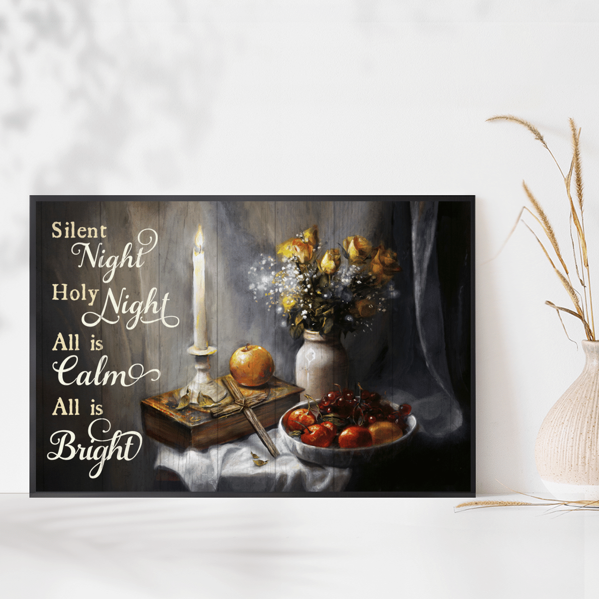 Silent Night Holy Night All Is Calm All Is Bright, Candle, Cross, Fruit, Flower, God Poster