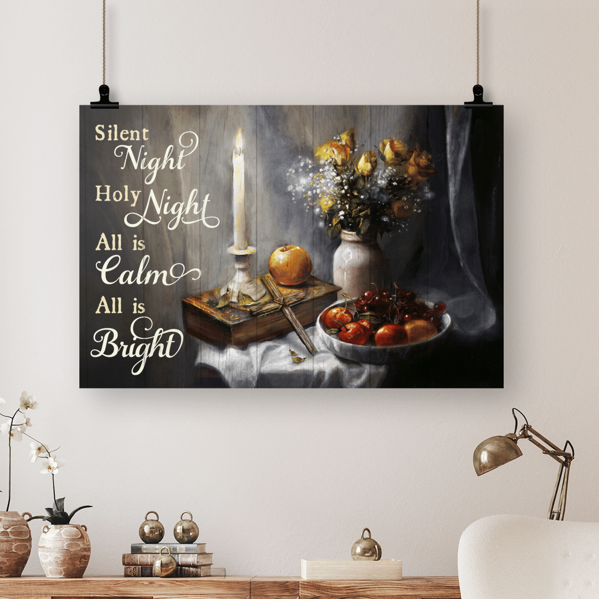 Silent Night Holy Night All Is Calm All Is Bright, Candle, Cross, Fruit, Flower, God Poster