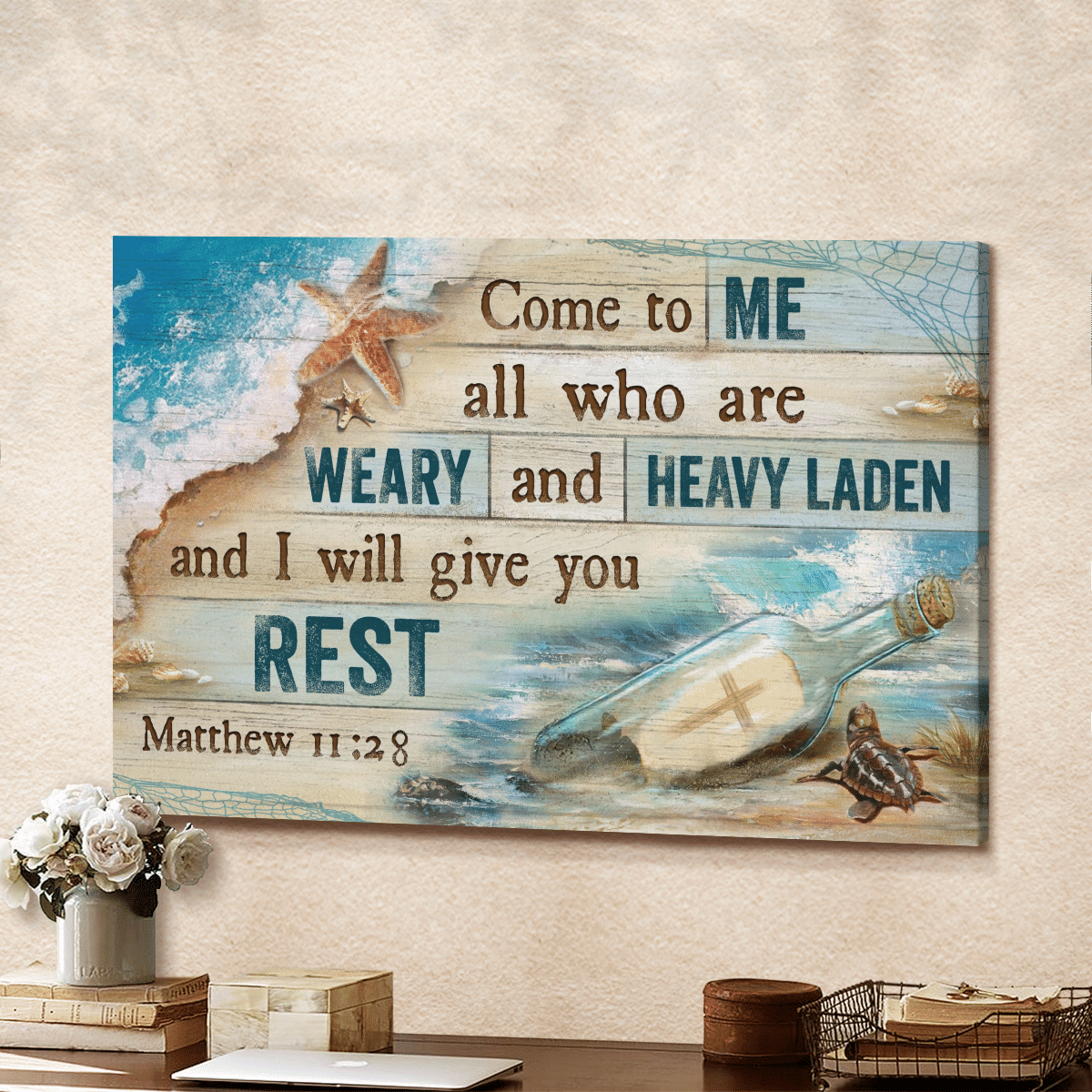 Come To Me All Who Are Weary And Heavy Laden And I Will Give You Rest, Beach, Cross, God Canvas, Christian Wall Art