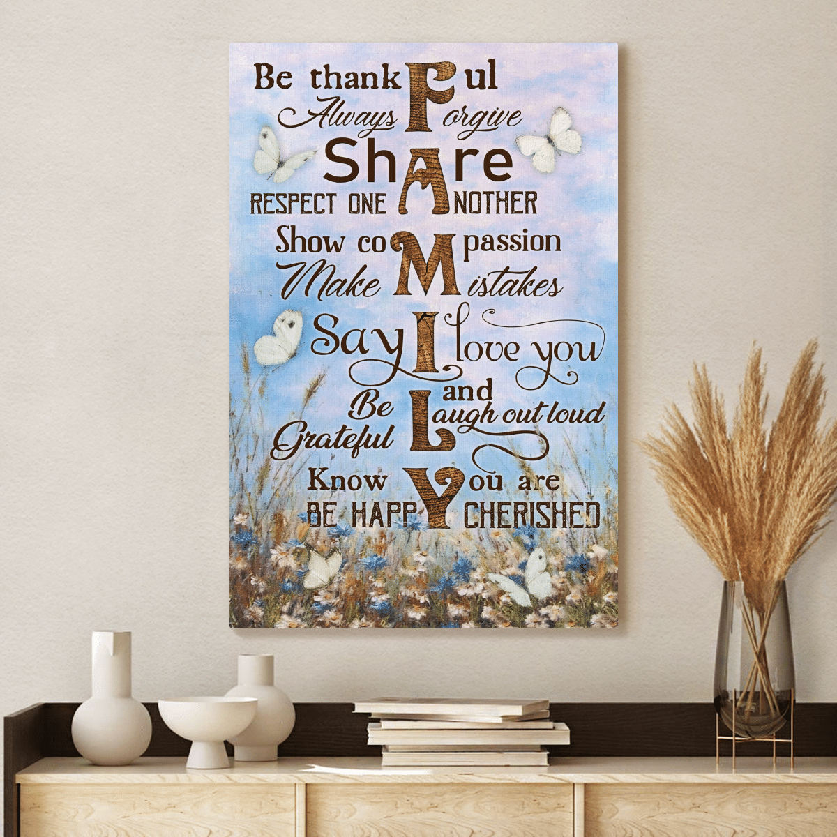 Be Thankful Always Forgive Share Respect One Another Show Compassion Make Mistakes Know You Are Cherished Be Happy, Family, God Canvas