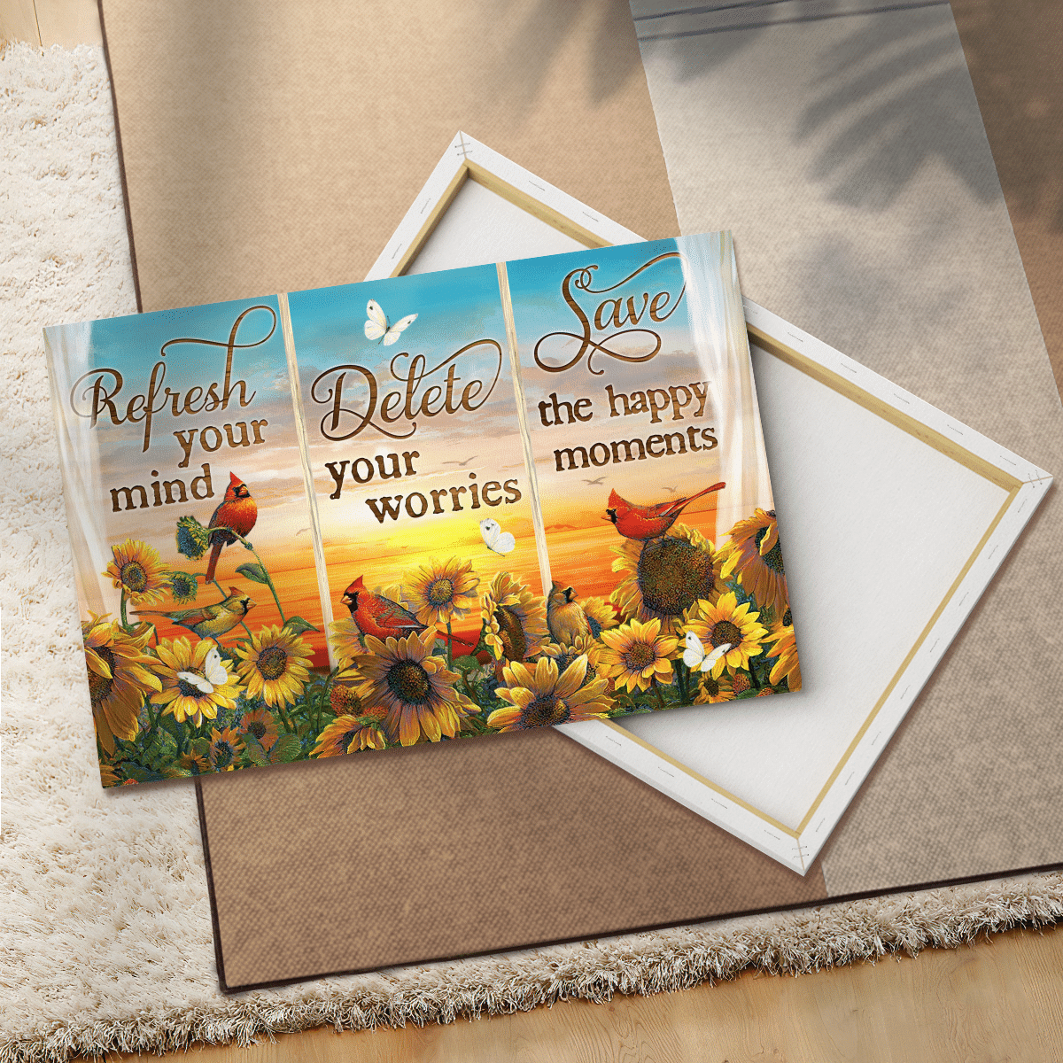Refresh Your Mind, Delete Your Worries, Save The Happy Moments, Sunflower, Cardinal, God Canvas, Christian Wall Art