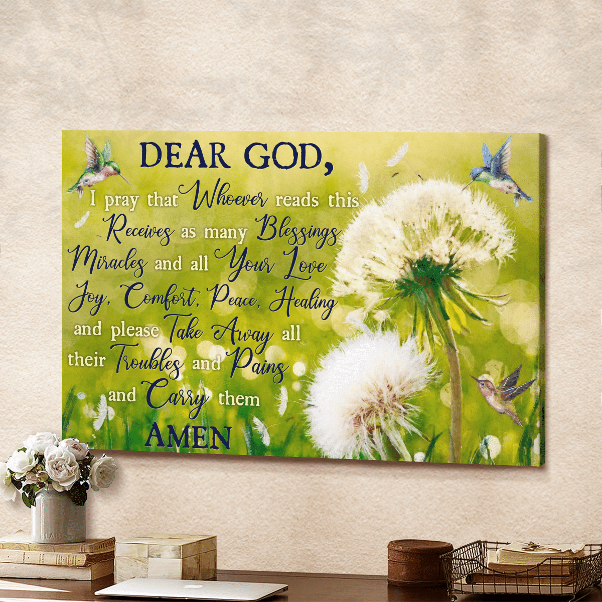 Take Away All Their Troubles And Pains And Carry Them, Hummingbird, Dandelion, God Canvas, Christian Wall Art