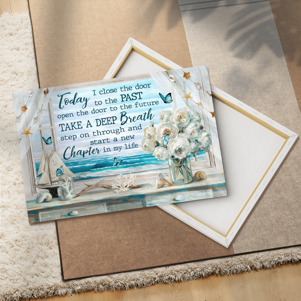 Today I Close The Door To The Past, Open The Door To The Future, Take A Deep Breath, Start A New Chapter In My Life, Beach, Flower, God Canvas, Christian Wall Art
