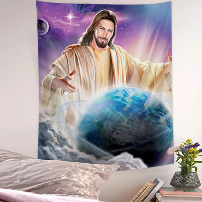 Jesus Holding Earth - Jesus With Earth Tapestry - Jesus Tapestry - Religious Tapestry Wall Hangings - Jesus Christ Tapestry Wall Art - Ciaocustom