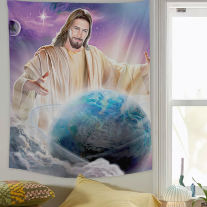 Jesus Holding Earth - Jesus With Earth Tapestry - Jesus Tapestry - Religious Tapestry Wall Hangings - Jesus Christ Tapestry Wall Art - Ciaocustom