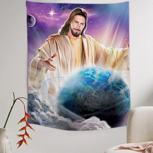 Jesus Holding Earth - Jesus With Earth Tapestry - Jesus Tapestry - Religious Tapestry Wall Hangings - Jesus Christ Tapestry Wall Art - Ciaocustom