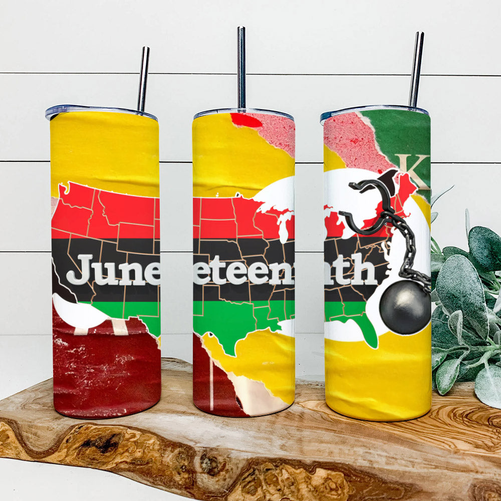 Flag And Shackles - Junteenth Tumbler - Stainless Steel Tumbler - 20 oz Skinny Tumbler - Tumbler For Cold Drinks - Ciaocustom