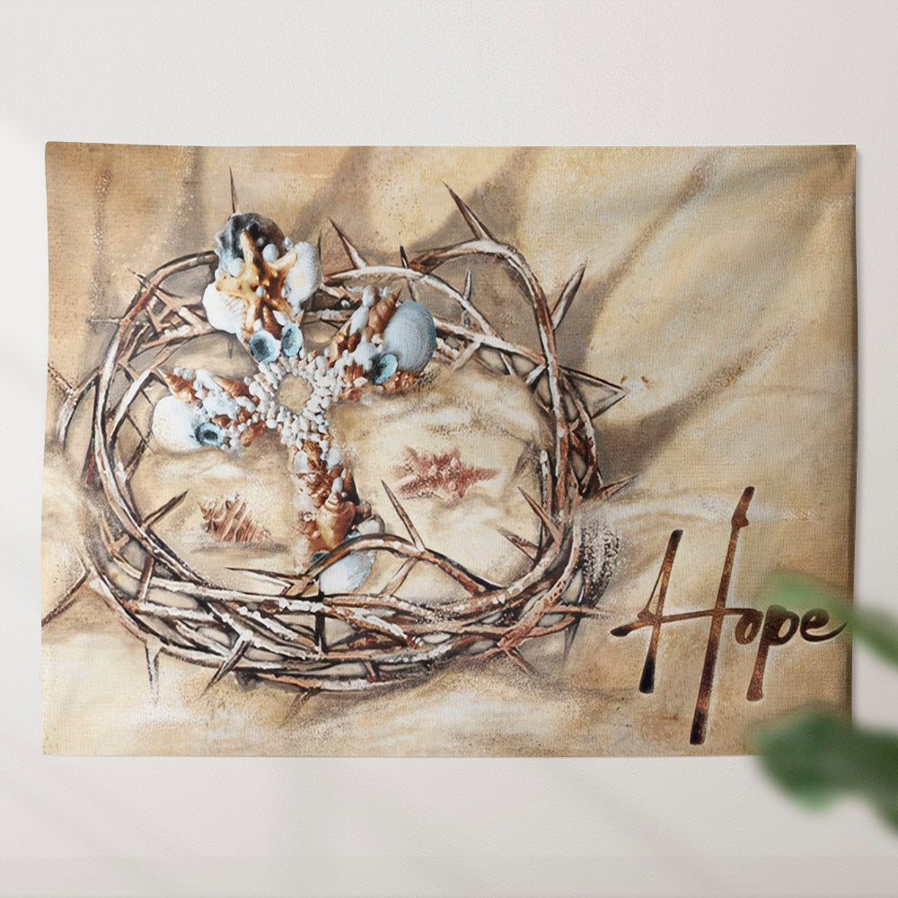 Hope - Seashell Cross - Crown Of Thorns - Sand - God Tapestry - Christian Wall Art - Religious Tapestry Wall Hangings - Home Decor - Ciaocustom