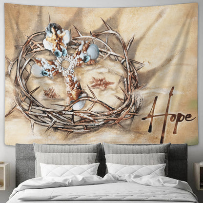 Hope - Seashell Cross - Crown Of Thorns - Sand - God Tapestry - Christian Wall Art - Religious Tapestry Wall Hangings - Home Decor - Ciaocustom