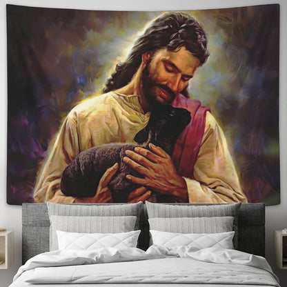 Jesus Christ Holding A Black Sheep - Christian Tapestry Wall Hanging - Biblical Tapestries -  Religious Wall Decor - Ciaocustom