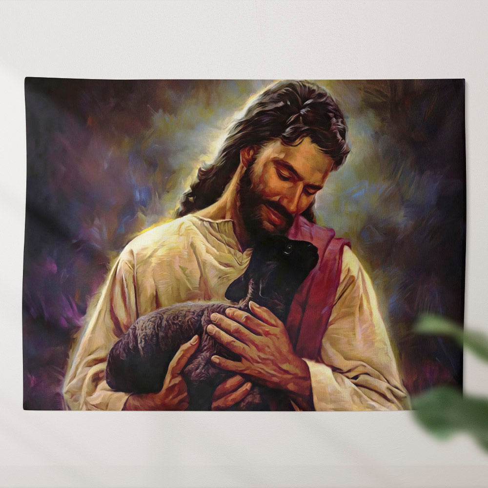 Jesus Christ Holding A Black Sheep - Christian Tapestry Wall Hanging - Biblical Tapestries - Religious Wall Decor - Ciaocustom