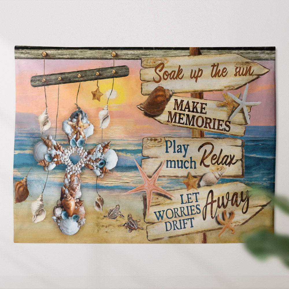 Seashell Cross Tapestry - Soak Up The Sun - Make Memories - Play Much Relax - Let Worries Drift Away - God Tapestry - Christian Wall Art - Ciaocustom
