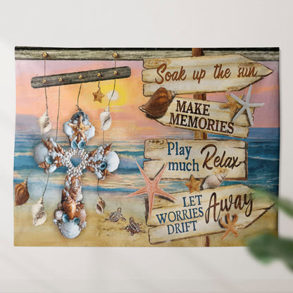 Seashell Cross Tapestry - Soak Up The Sun - Make Memories - Play Much Relax - Let Worries Drift Away - God Tapestry - Christian Wall Art - Ciaocustom