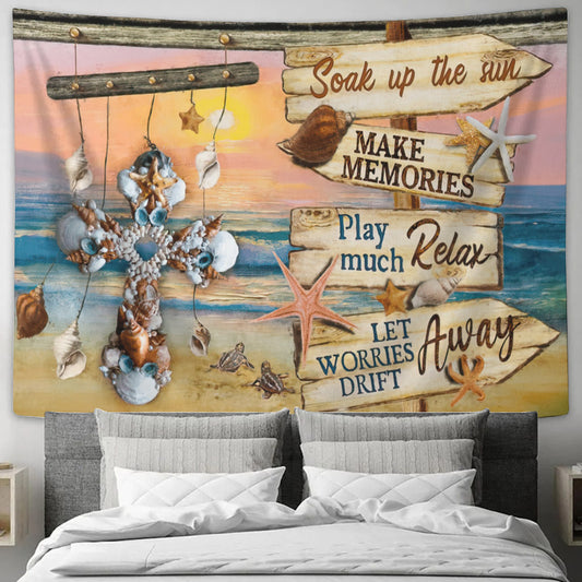 Seashell Cross Tapestry - Soak Up The Sun - Make Memories - Play Much Relax - Let Worries Drift Away - God Tapestry - Christian Wall Art - Ciaocustom