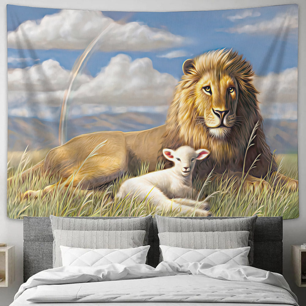 Lion and Lamb - Christian Tapestry - Christian Wall Tapestry - Religious Wall Decor - Ciaocustom