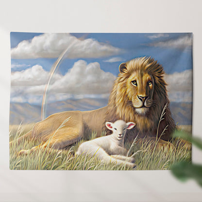 Lion and Lamb - Christian Tapestry - Christian Wall Tapestry - Religious Wall Decor - Ciaocustom