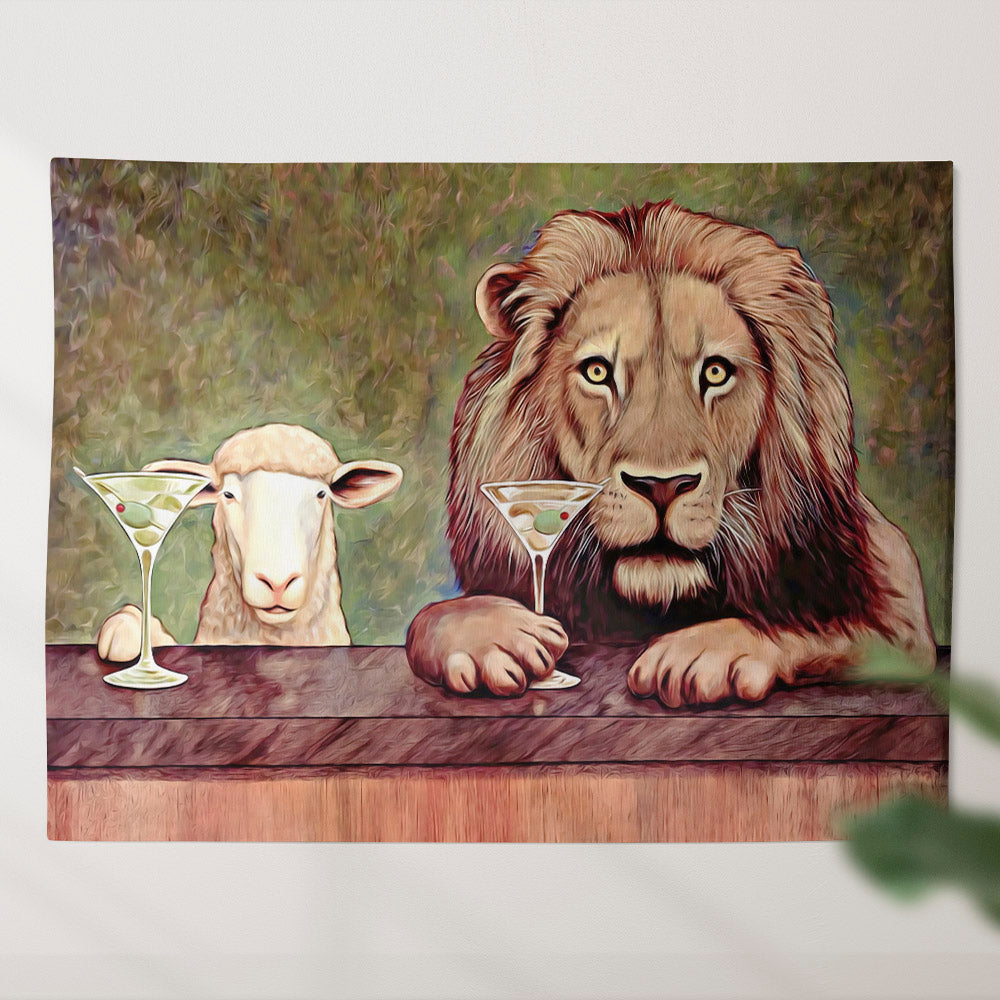 A Lion and a Lamb Walk Into a Bar - Christian Tapestry - Christian Wall Tapestry - Religious Wall Decor - Ciaocustom