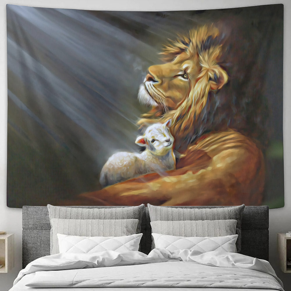 Lion and the Lamb Painting - Christian Tapestry - Christian Tapestry Wall Hangings - Religious Wall Decor - Ciaocustom