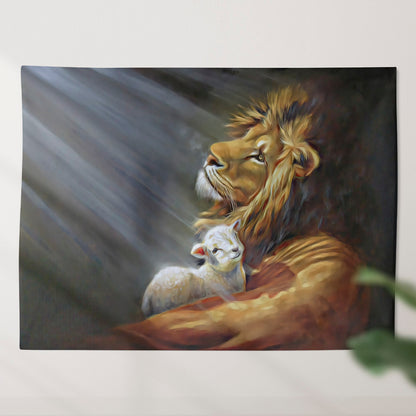 Lion and the Lamb Painting - Christian Tapestry - Christian Tapestry Wall Hangings - Religious Wall Decor - Ciaocustom