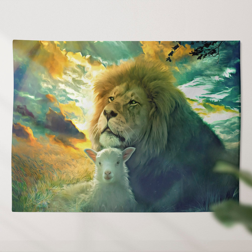 Lion and the Lamb Painting - God Tapestry - Christian Tapestry Wall Hangings - Religious Wall Decor - Ciaocustom