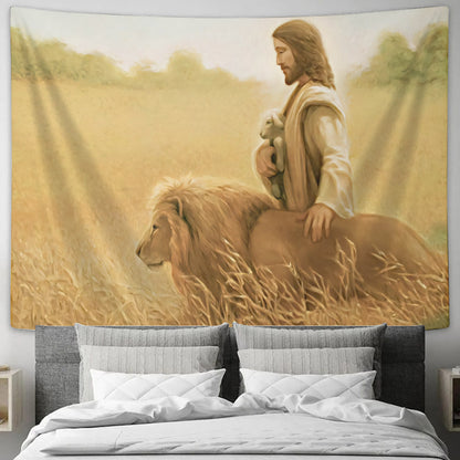 Lion and Lamb Painting - God Tapestry - Christian Tapestry Wall Hangings - Biblical Tapestries - Ciaocustom