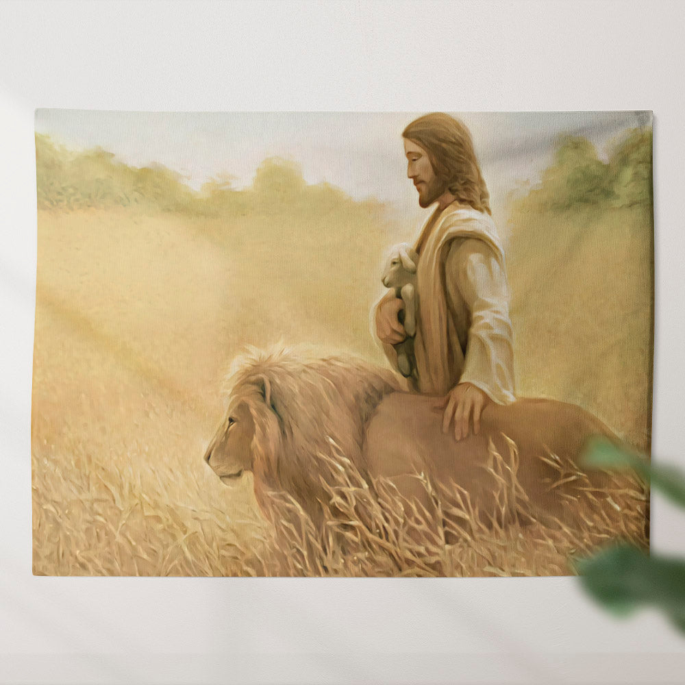 Lion and Lamb Painting - God Tapestry - Christian Tapestry Wall Hangings - Biblical Tapestries - Ciaocustom