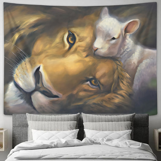 Lion And Lamb Wall Art  - God Tapestry - Christian Tapestry Wall - Biblical Tapestries - Ciaocustom