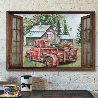 Old Red Truck On Peaceful Farm Canvas Wall Art - Ciaocustom